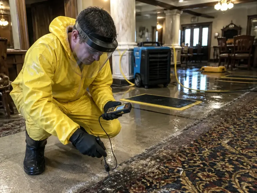 Technician in a yellow suit holding a meter to a floor near drying mats across a wide room