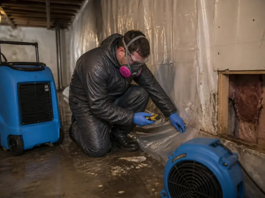 A respirator-wearing tech hanging plastic sheeting against a basement wall near a dehumidifier