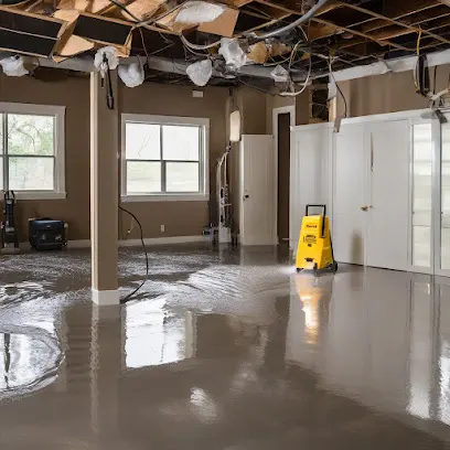 Wet basement floor with the ceiling opened and drying equipment set up
