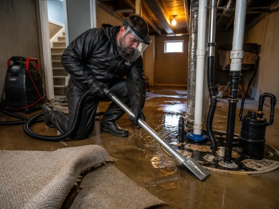 Technician in a face shield extracting basement water beside a sump pit in a Council Bluffs home