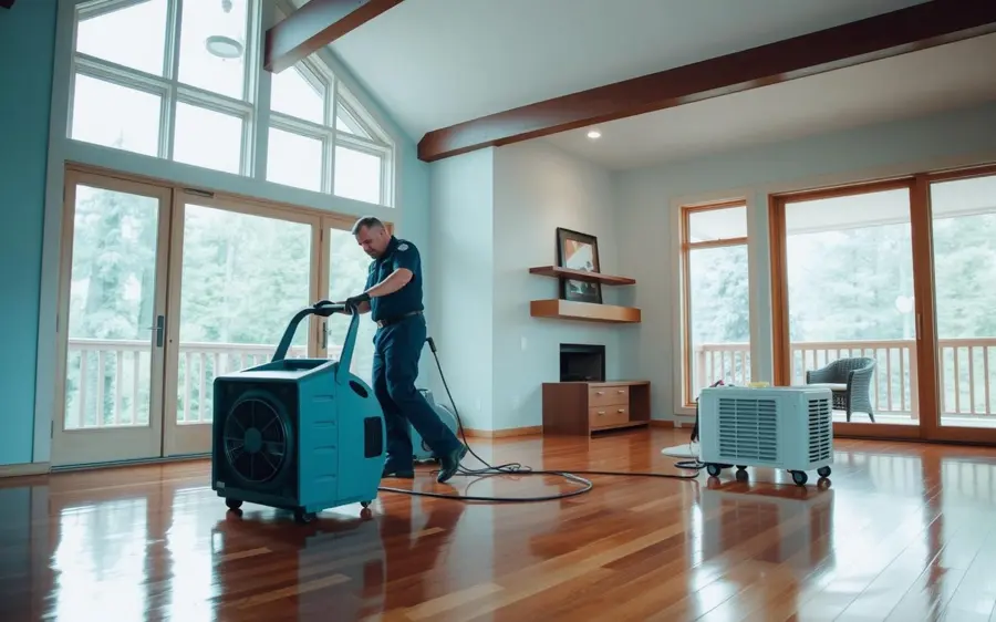 Dehumidifier rolled across a hardwood living room floor by a technician during a Papillion dry-out
